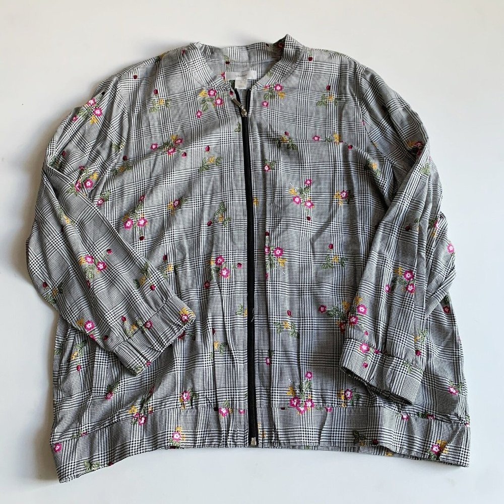 CJ Banks NWT Bomber Jacket Lightweight Floral Houndstooth Size 1X
